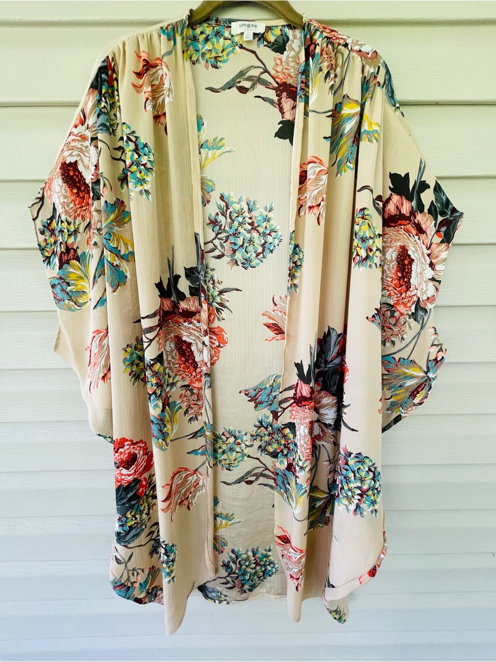 Umgee Womens Floral Print Beige Kimono Cardigan Topper Open Front Size M/L